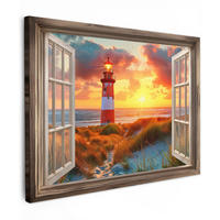 LEINWANDBILD Aussicht - Fenster - Leuchtturm - Sonnenuntergang - Strand Wandbilder 80x60 cm - Dunkelorange, Textil (80/60cm) - MuchoWow