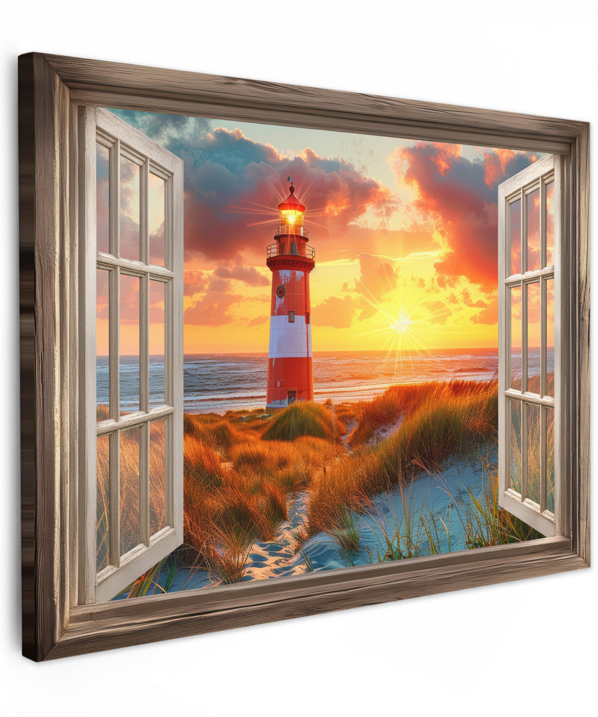 LEINWANDBILD Aussicht - Fenster - Leuchtturm - Sonnenuntergang - Strand Wandbilder 80x60 cm - Dunkelorange, Textil (80/60cm) - MuchoWow