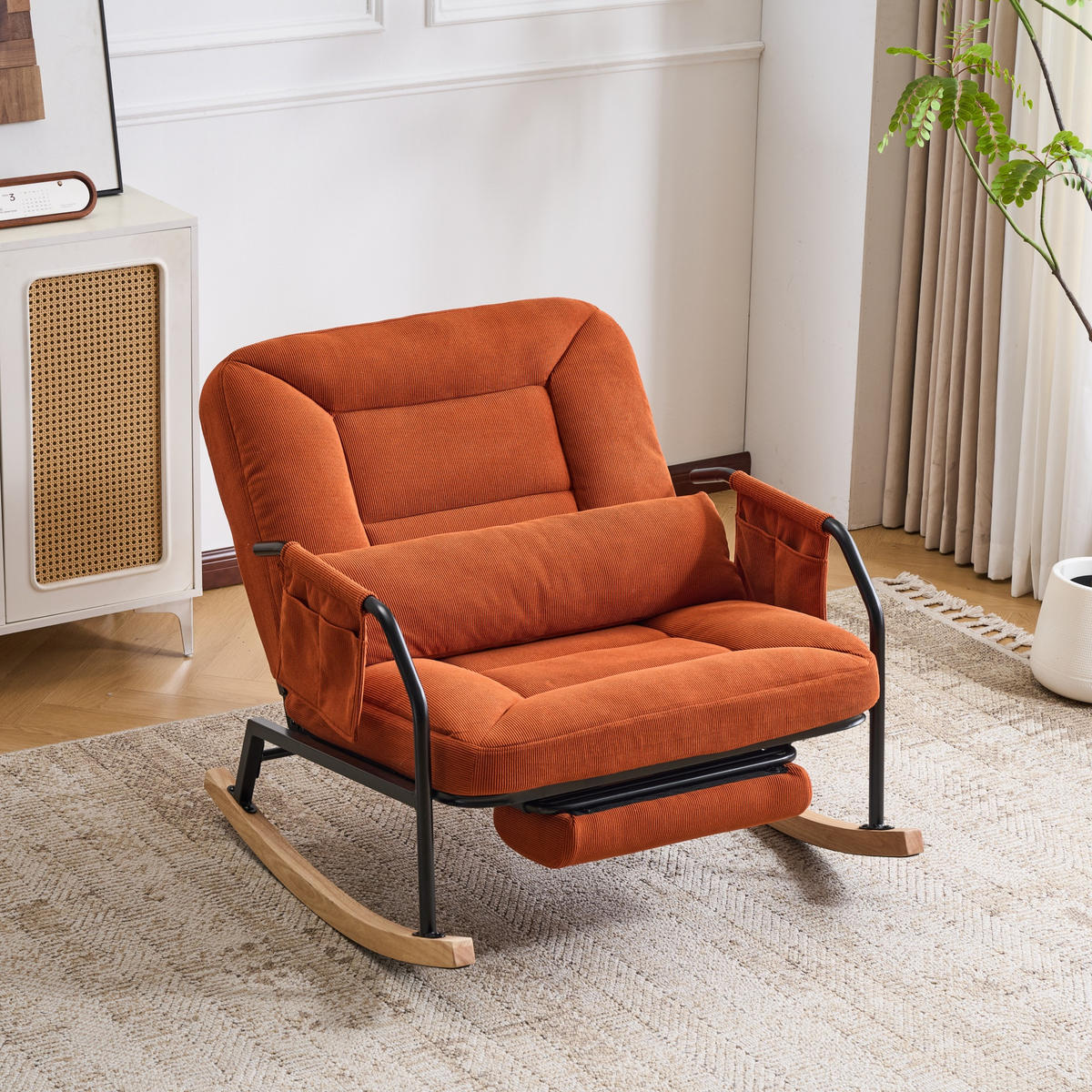 SCHAUKELSTUHL Braun Cord mit Fußstütze und Lendenkissen - Braun, Textil (87/89/88cm) - Oxeza