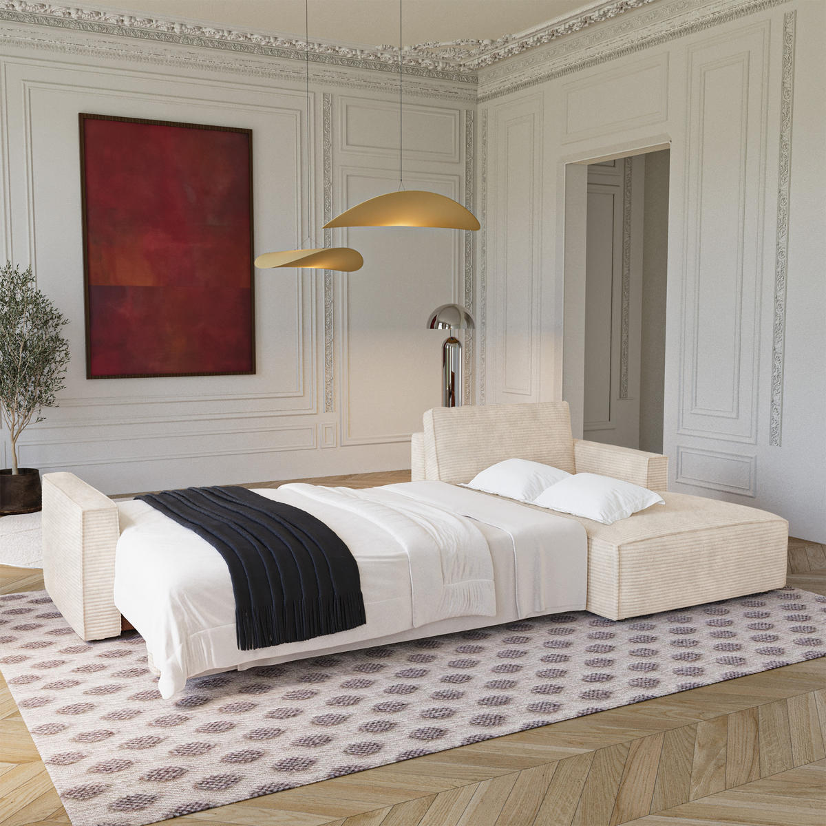 ECKSOFA rechtwinklig Cord Creme 297cm - Creme, Textil (297/167cm) - Premium Interiors