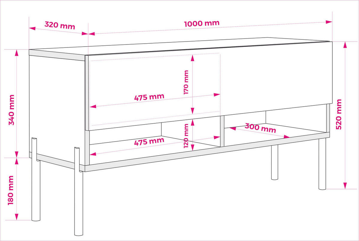 TV-LOWBOARD 100 cm Mattweiß, gerade schwarze Beine, 100 × 32 × 52 cm - Weiß, Holzwerkstoff (100/52/32cm) - 3XE LIVING