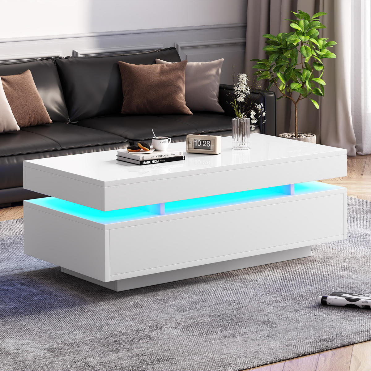 COUCHTISCH 100/50/35 cm weiß aus Spanplatte mit 2 Schubladen und LED-Beleuchtung - Weiß, Holzwerkstoff (100/50/35cm) - OKWISH