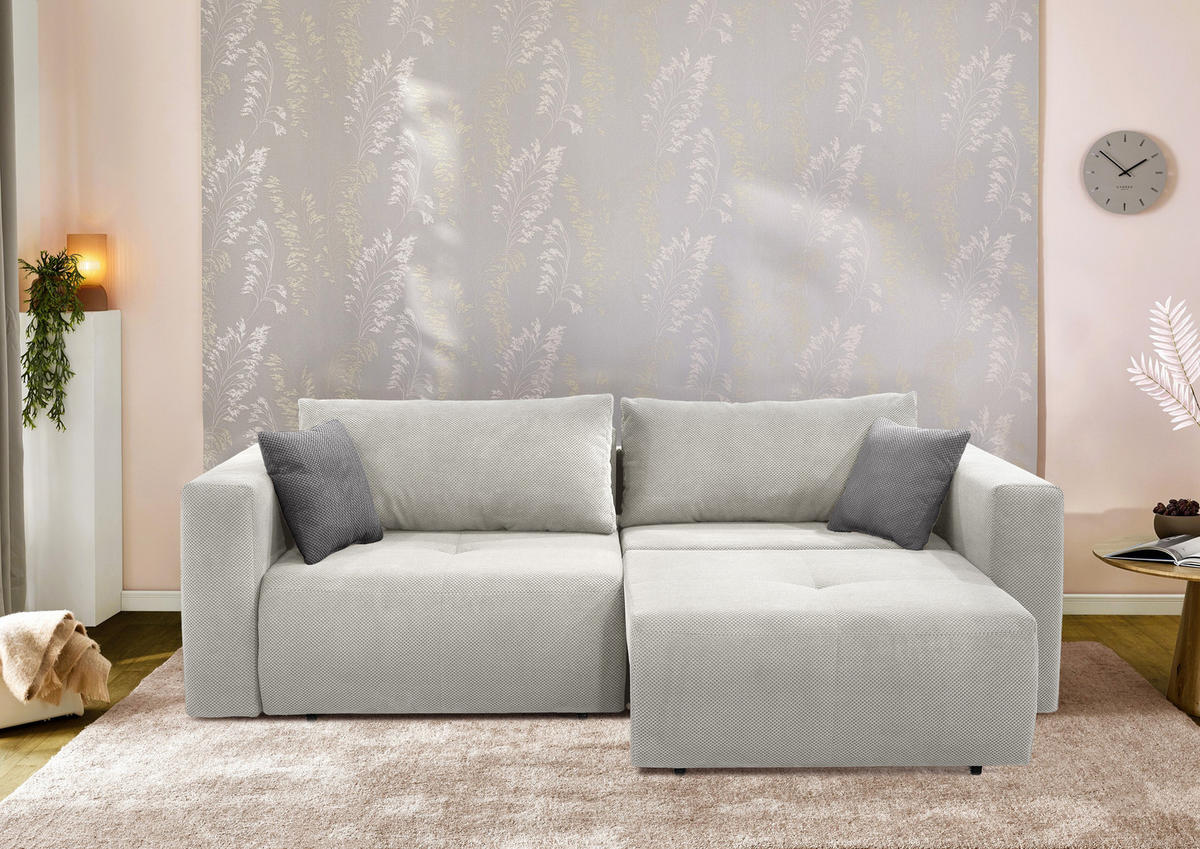 SCHLAFSOFA Verwandlung: Big-Sofa/Eckcouch, 2 Bettkästen, B243/T115-161/H84 cm, Liegefläche 145x197 cm, Waffelcord Silber-Grau / 15242 - Silberfarben/Schwarz, Kunststoff/Textil (243/84/115cm) - luma-home