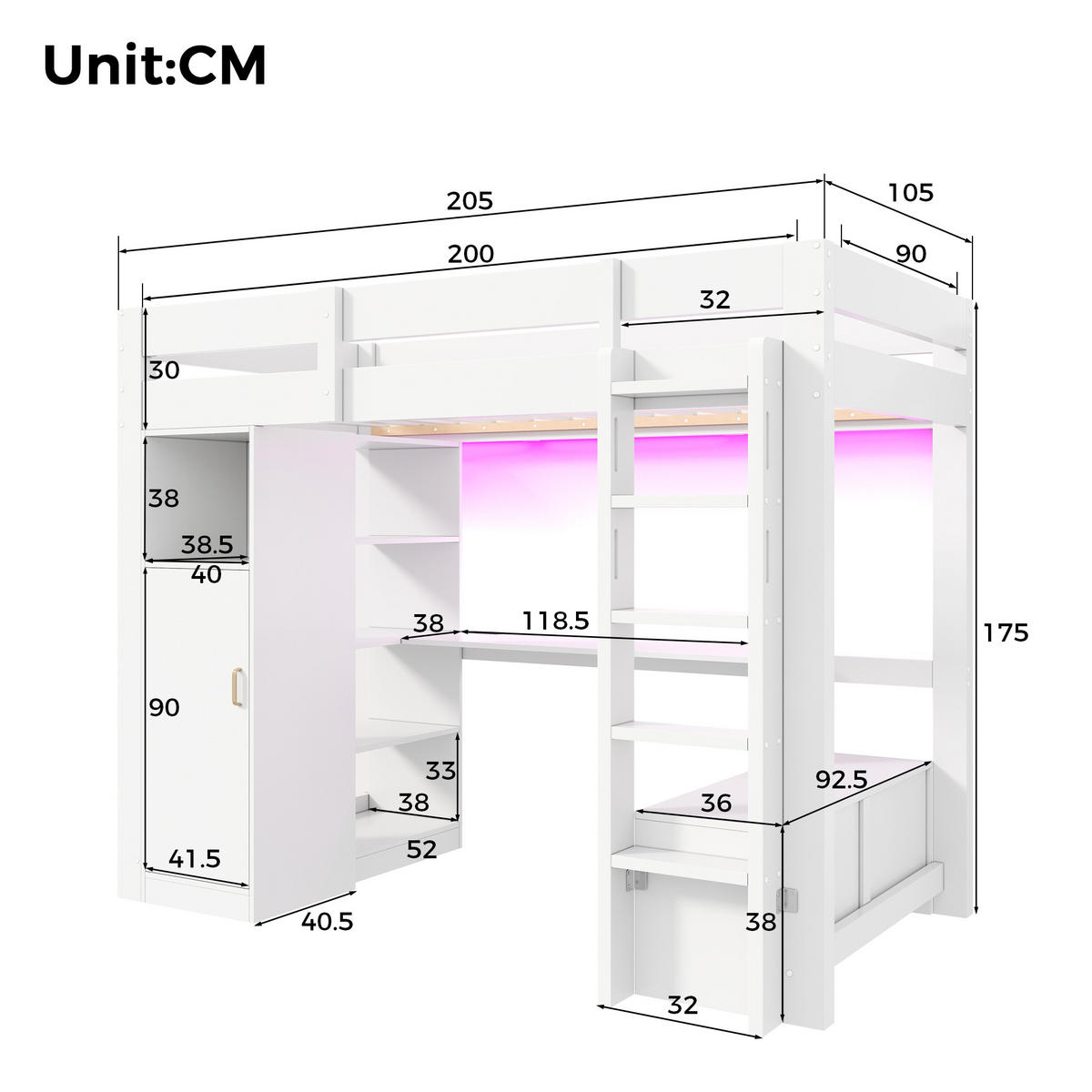 HOCHBETT weiß 90 × 200 cm aus Kiefernholz‑MDF mit Kleiderschrank, Regalen, Unterbettschreibtisch, LED‑Beleuchtung und USB‑Anschluss - Weiß, Holzwerkstoff (90/200cm) - Luhomfu