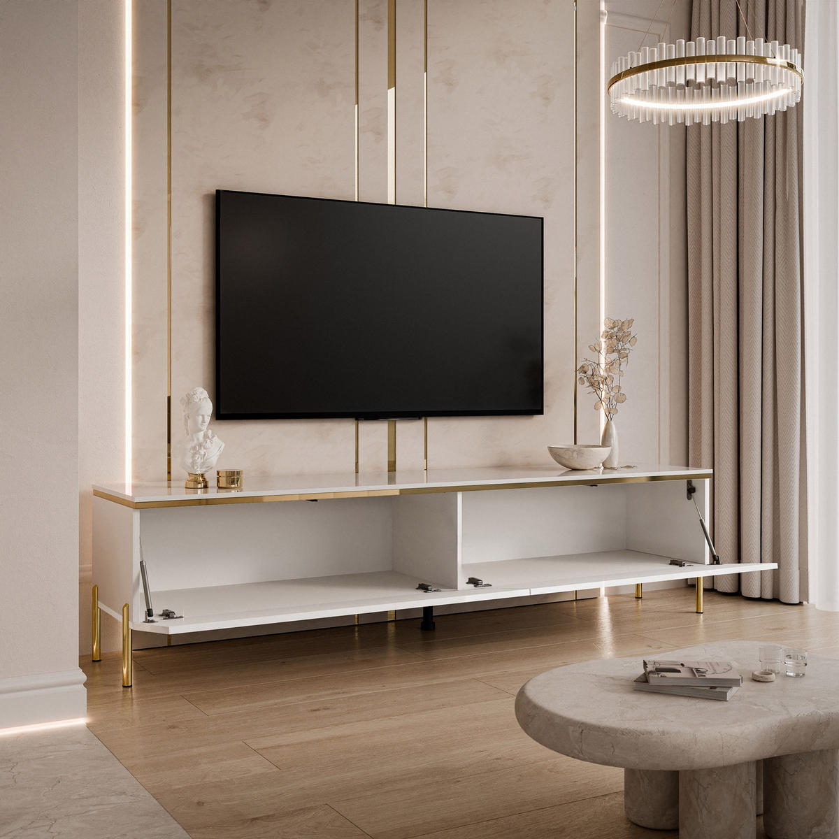 TV-LOWBOARD AURORA Weiß mit gerade Goldchrom Fuße - Weiß Hochglanz/Goldfarben, Holzwerkstoff/Metall (180/46/40cm) - Lookway