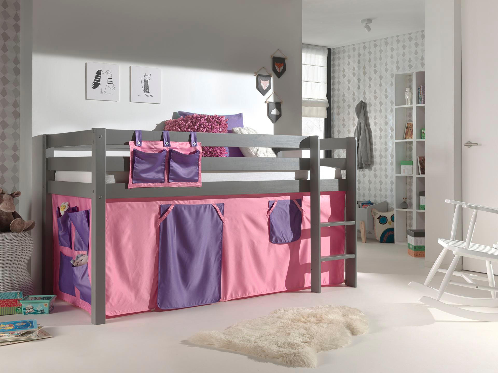 KINDERBETT Karolina 210x114x106 Massivholz Grau Textilset Bella - Violett/Grau, Holz (90/200cm) - 58aufmkessel