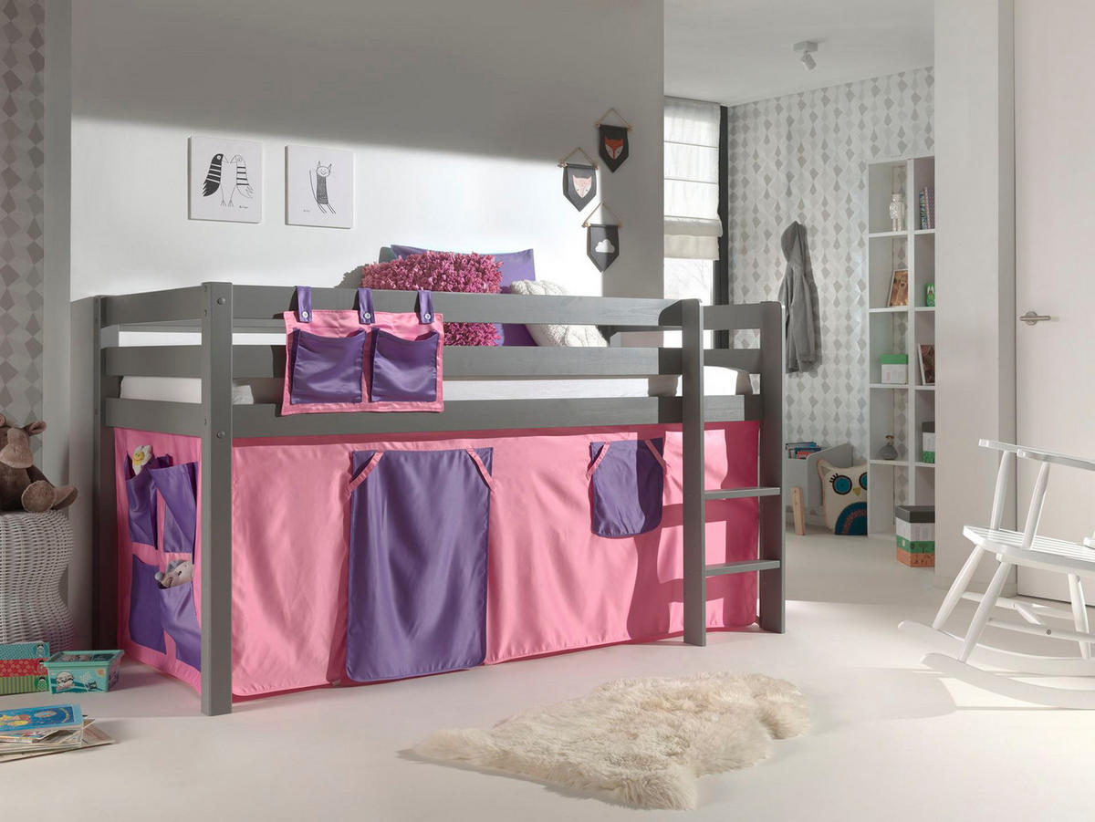 KINDERBETT Karolina 210x114x106 Massivholz Grau Textilset Bella - Violett/Grau, Holz (90/200cm) - 58aufmkessel