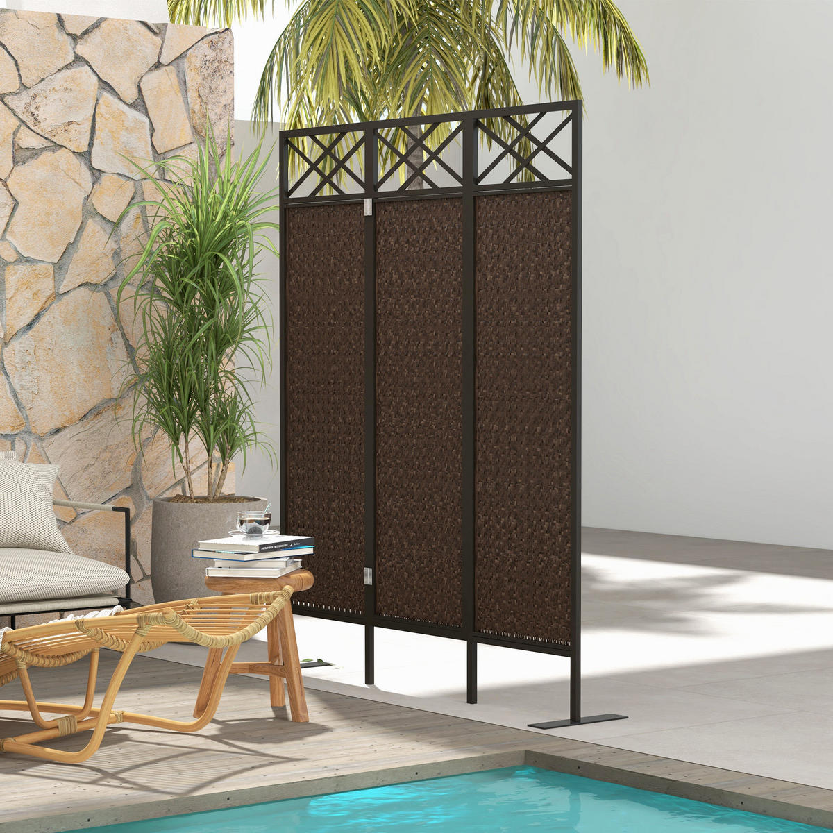 PARAVANT, PE-Rattan, Stahl, Braun - Braun, Metall (33/181/148cm) - Outsunny