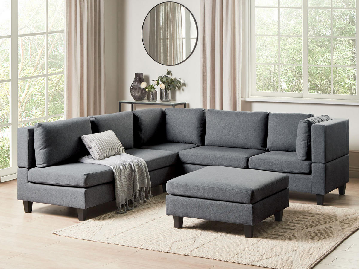 ECKFSOFA Modul 5-Sitzer linksseitig Dunkelgrau Stoff mit Ottomane Unstad - Dunkelgrau/Grau, Textil (228/228cm) - Beliani