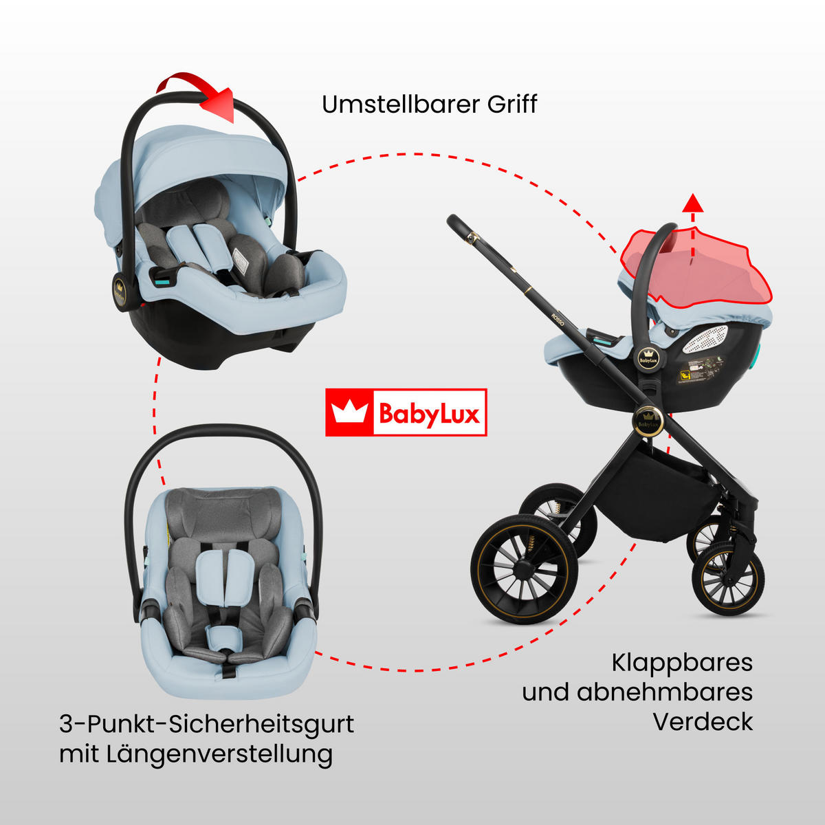 KINDERWAGEN Rosso 2in1 Blau Babywanne, Buggy Sportsitz, Faltbar, Wickeltasche - Blau/Schwarz, Textil/Metall (58/100cm) - BabyLux