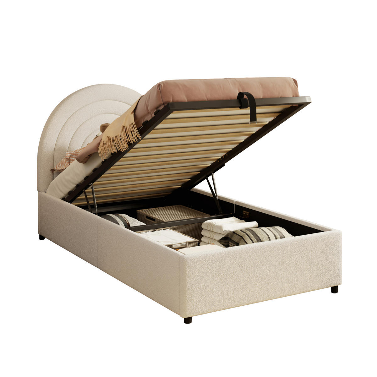 POLSTERBETT 90/200 cm mit hydraulischem Stauraum, eingebettetem Matratzenbereich und Bouclé-Bezug, Beige - Beige, Textil (90/200cm) - Redom