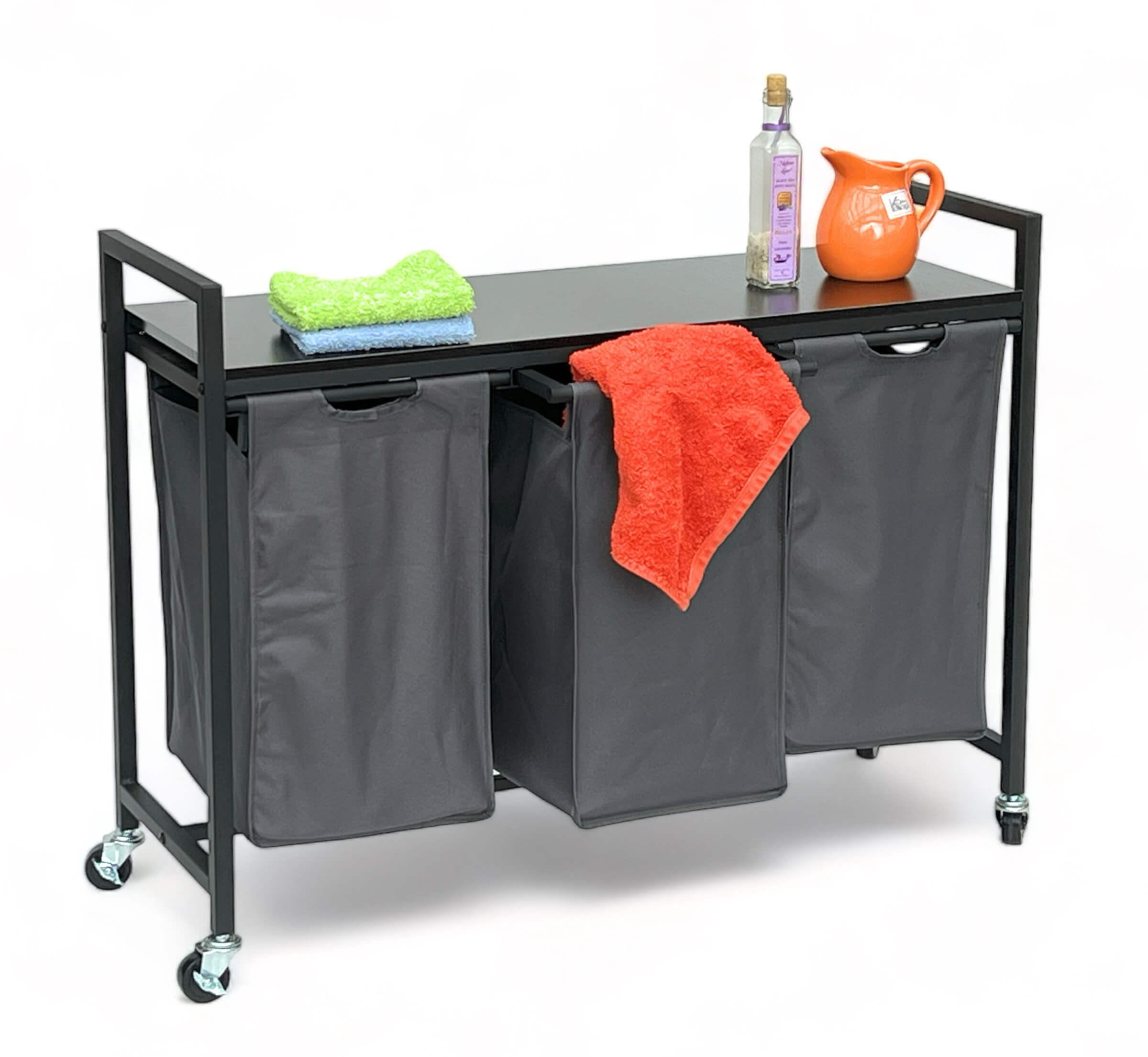 WÄSCHEKORB 3 Fächer mit Ablage Schwarz Metall mit Rollen - Schwarz, Metall (92.5/71/33cm) - DanDiBo