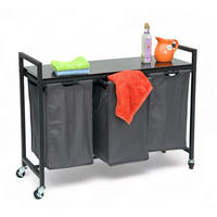 WÄSCHEKORB 3 Fächer mit Ablage Schwarz Metall mit Rollen - Schwarz, Metall (92.5/71/33cm) - DanDiBo