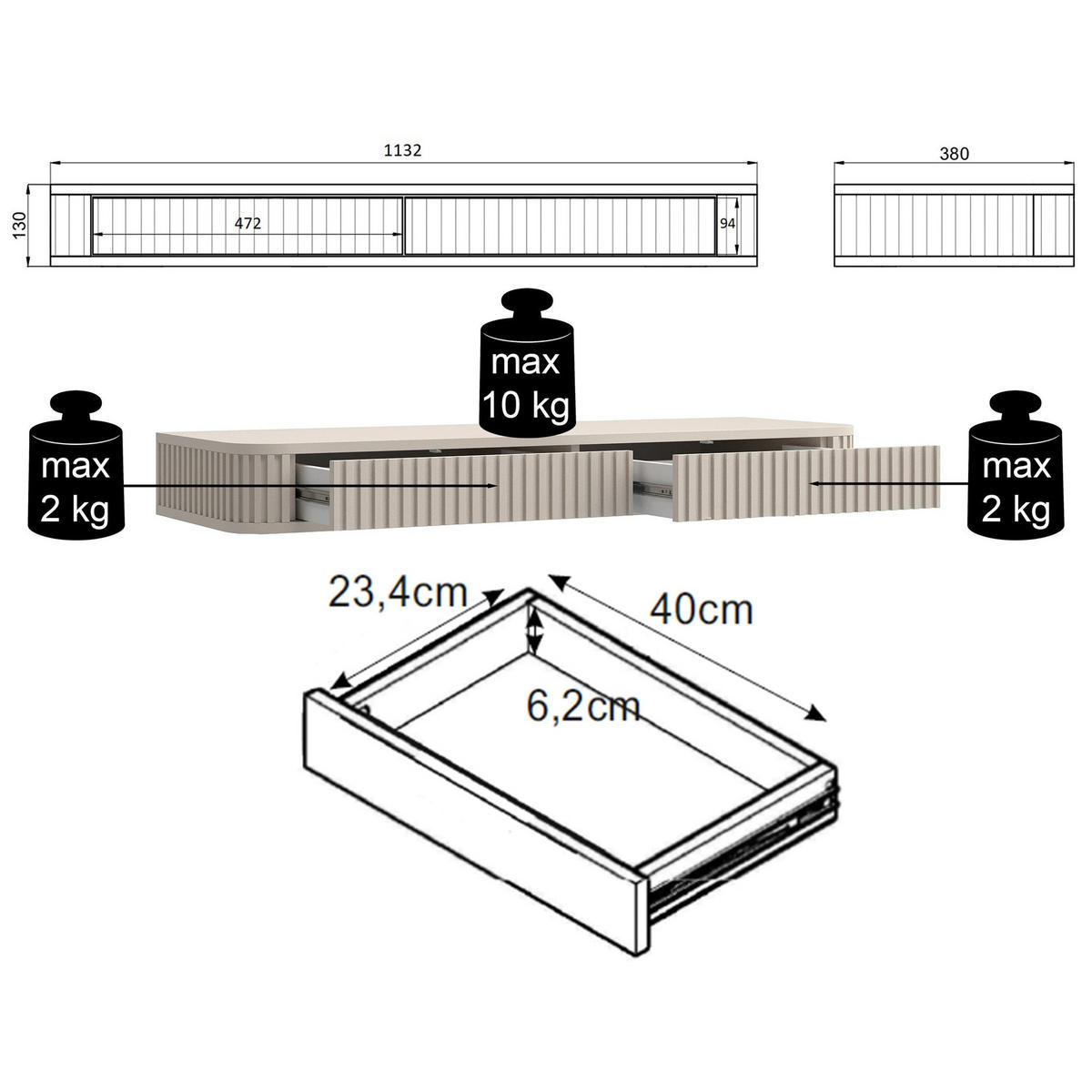 WANDKONSOLE Ovarlo Schwarz mit 2 Schubladen 113 cm - Schwarz, Holzwerkstoff (113.2/13/38cm) - Selsey