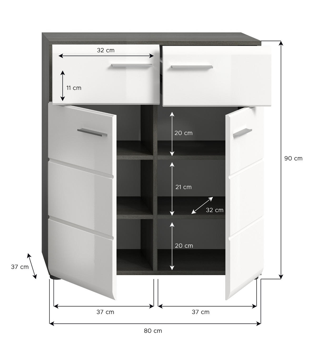 SCHUHSCHRANK weiß Hochglanz, grau 80 cm, Schuhkommode mit viel Stauraum - Weiß Hochglanz/Silberfarben, Holzwerkstoff/Kunststoff (80/90/37cm) - Inn.Furn