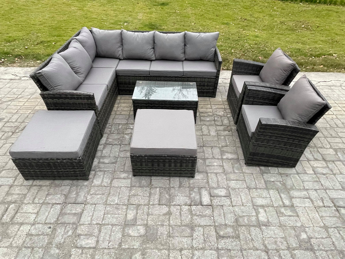 GARTENSET mit Couchtisch, 2 Fußhocker Polyrattan Dunkelgrau 10-Sitzer - Dunkelgrau/Grau, Glas/Kunststoff - Fimous
