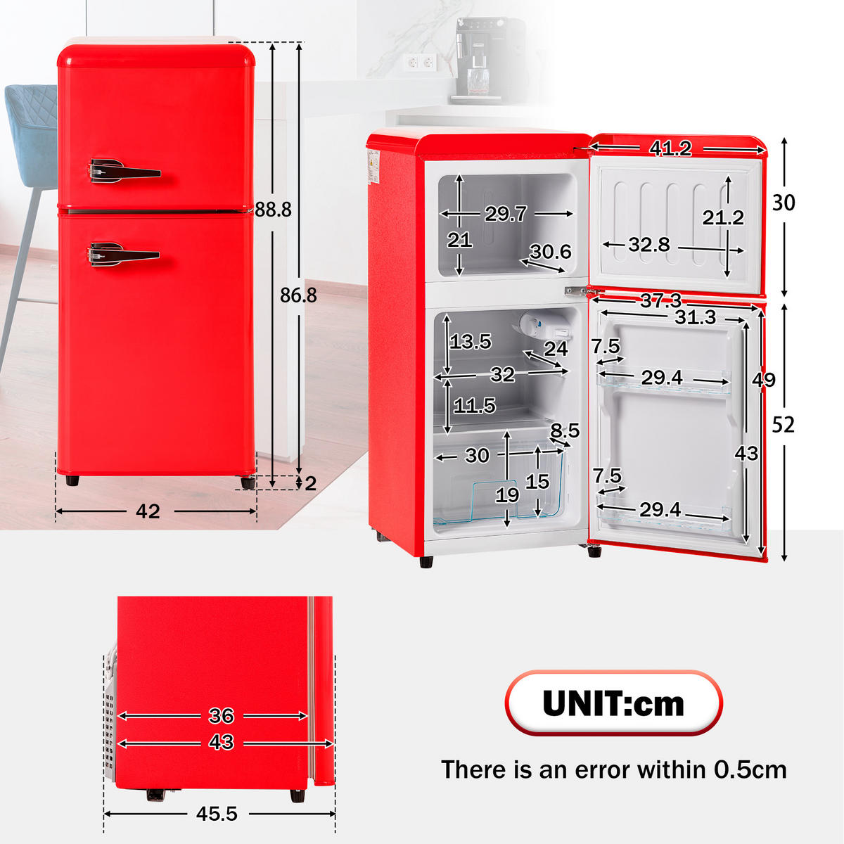 KÜHL-GEFRIER-KOMBINATION 60 l, 22 l Gefriervolumen, 45,5 x 88,8 cm, Energieeffizienzklasse E, Rot - Rot, Metall (45.5/88.8/42cm) - FOHERE