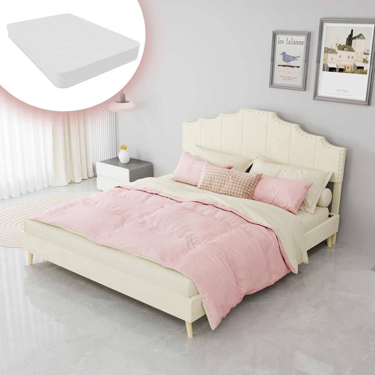 POLSTERBETT 160/200 cm DE-32982 mit geometrischem Kopfteil Beige - Beige, Metall (160/200cm) - ComfortXL