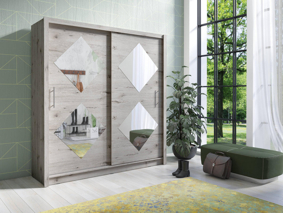 SCHIEBETÜRENSCHRANK BORVIA XI -204,4×215×61,9 cm mit Regalen & Kleiderstange Wellington Eiche - Eichefarben, Holzwerkstoff (204.4/215/61.9cm) - Milaros Markt