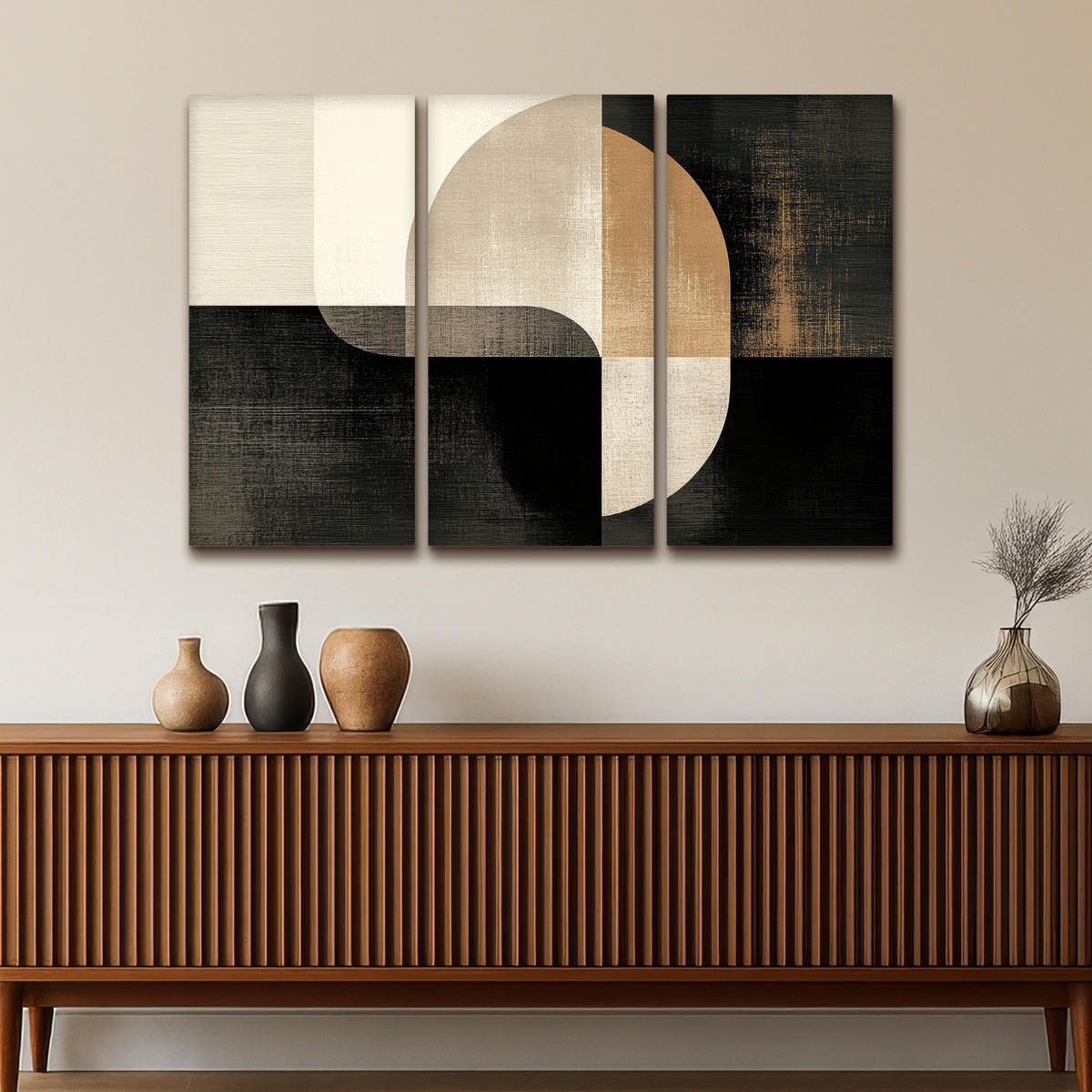 LEINWANDBILD 3er Set Formen - Abstrakt - Gold 120x80 cm - Schwarz, Textil (120/80cm) - MuchoWow