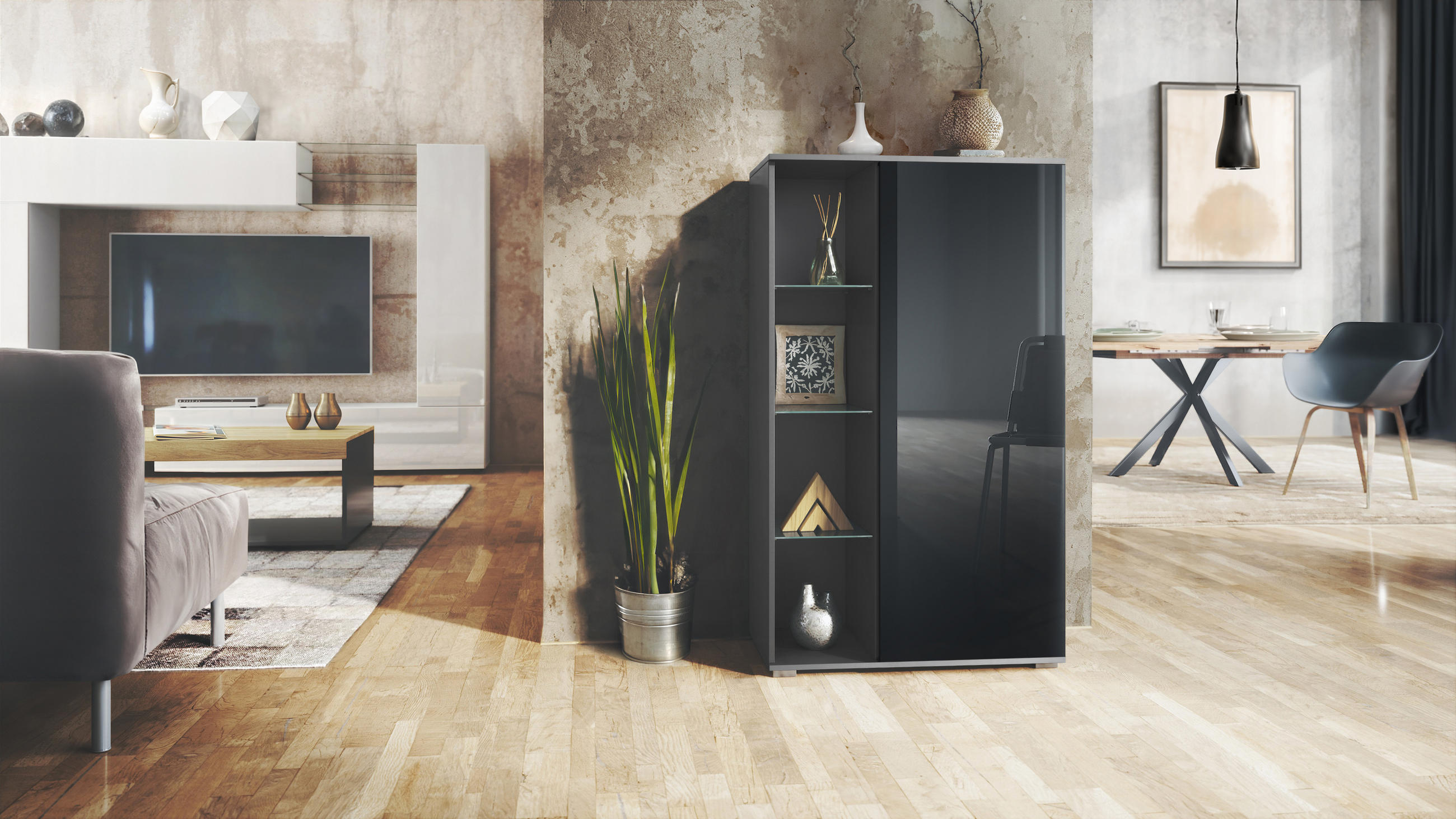VITRINE Davos Schwarz Hochglanz - Schwarz Hochglanz, Holzwerkstoff (71.5/134/35cm) - Vladon