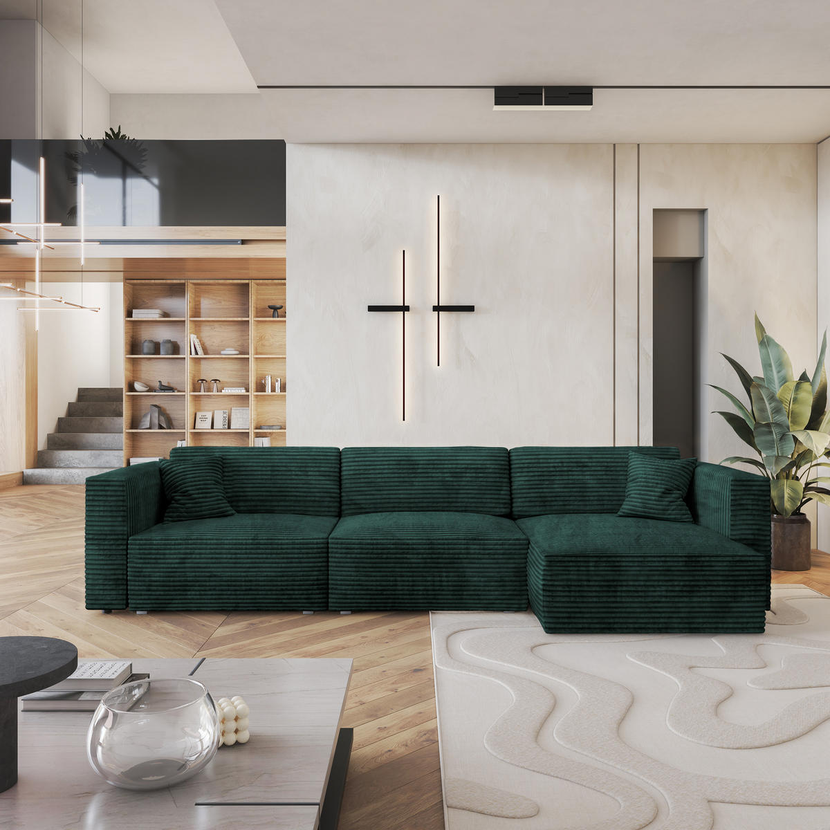 ECKSOFA TOLMO Grün Kordstoff mit Schlaffunktion - Grau/Grün, Holz/Kunststoff (347/148cm) - MASSENO