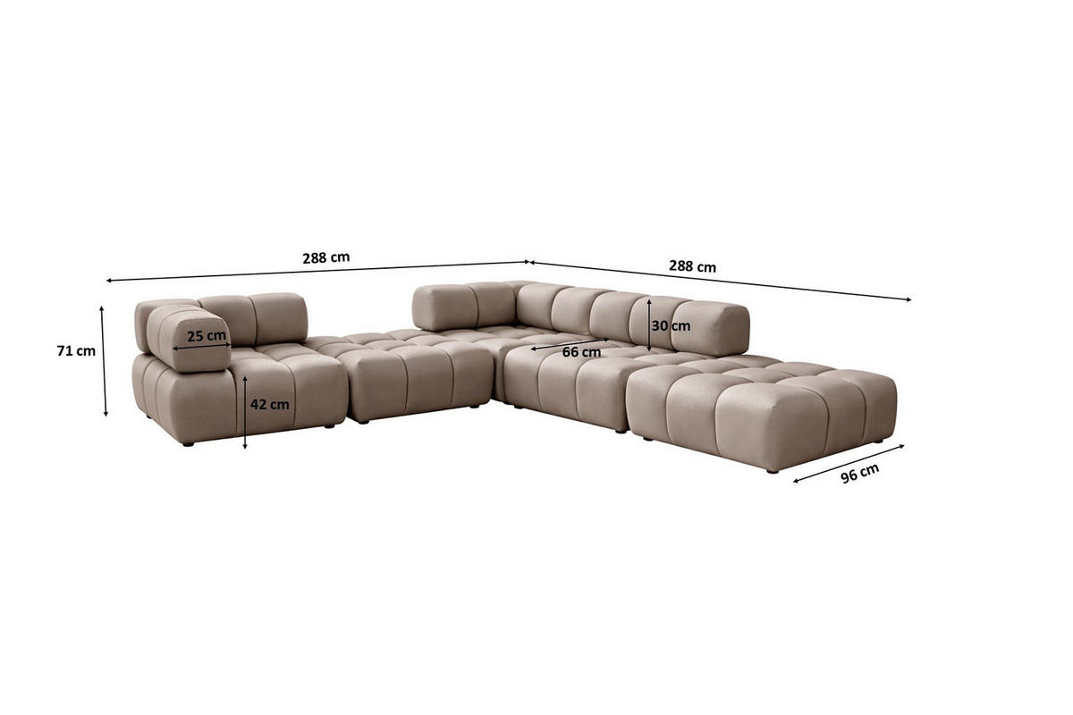 ECKSOFA Corner Modular, Veloursstoff Bluvel, Latte, Rechts, Bolla - Hellbraun, Holz (288/288cm) - Kaiser Möbel