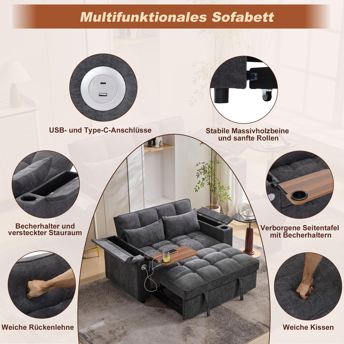 SCHLAFSOFA Stoff 3-in-1 mit USB-Anschluss, ausziehbar 140,5/74/82 cm (bis 161 cm), Grau - Grau, Textil (140.5/82/74cm) - Redom