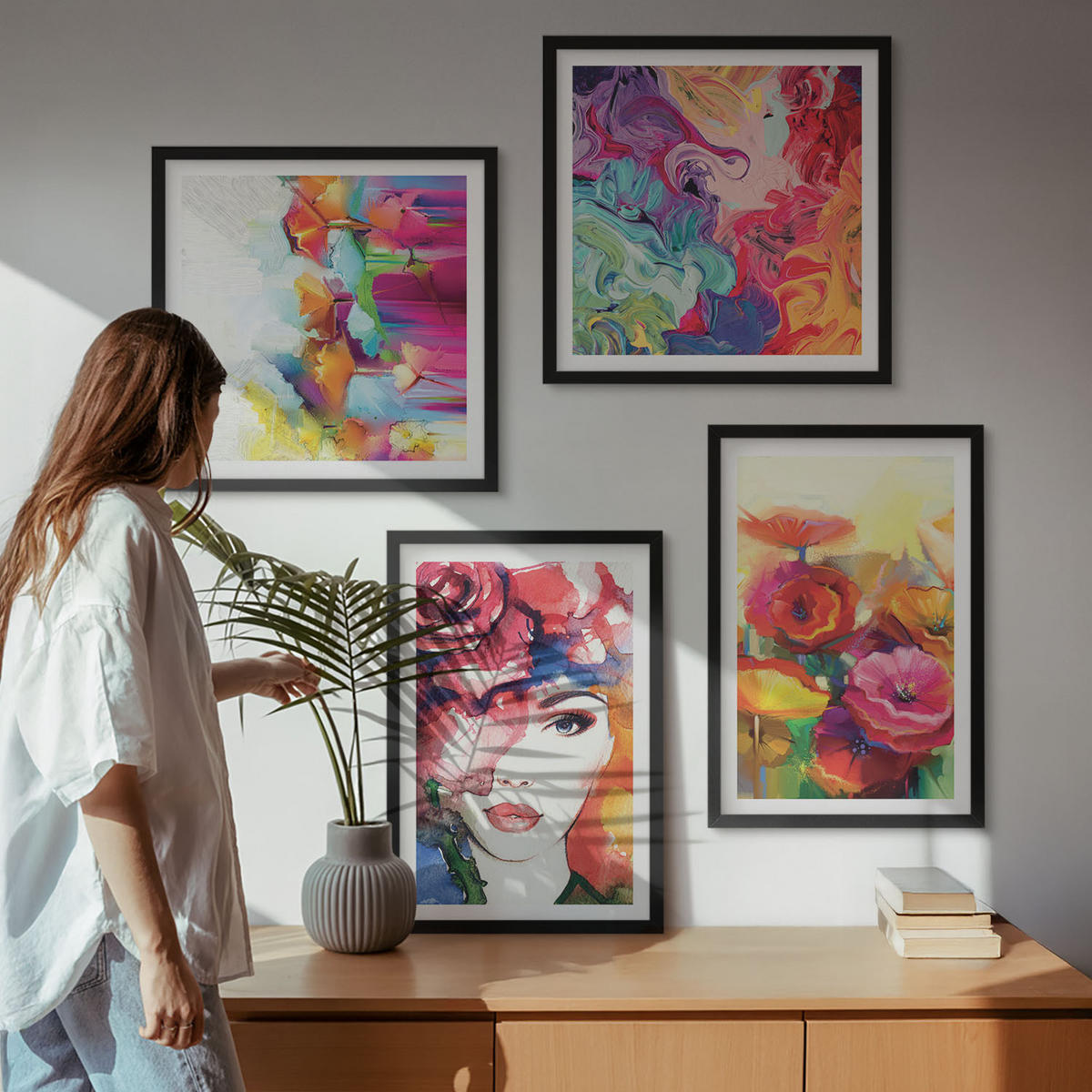 WANDBILDER 4er-Set - 50x50 cm & 40x60 cm Schwarzer Rahmen - Porträt von Blumen in intensiven Farben - Schwarz, Kunststoff (50/50cm) - ArtPrintCave