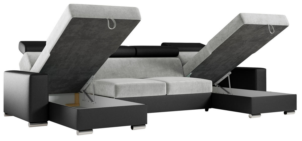 WOHNLANDSCHAFT FOX U Hellgrau/Schwarz - Velvet/Kunstleder - Silberfarben/Hellgrau, Kunststoff/Textil (306/98/168cm) - MKS