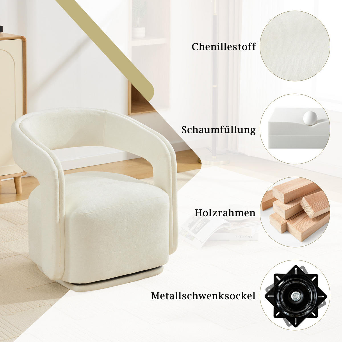 SESSEL,360 Grad Drehsessel Chenille Weiß, Relaxsessel für Wohnzimmer - Weiß, Textil (70/74/65cm) - PARAFTA HOME