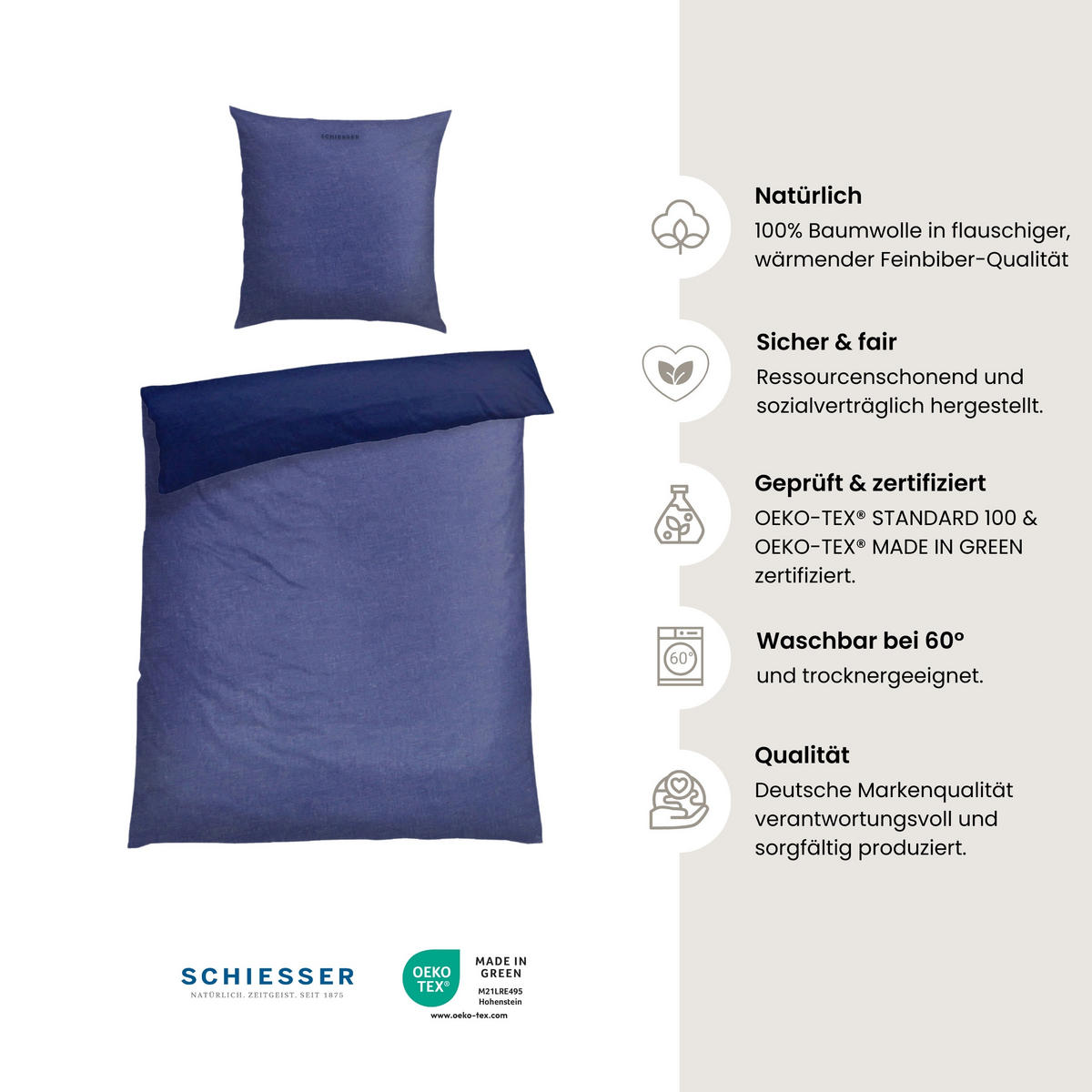 BETTWÄSCHESET Doubleface - Feinbiber - 2-teilig - 155 x 220 cm - Blau - Blau, Textil (155/220cm) - SCHIESSER