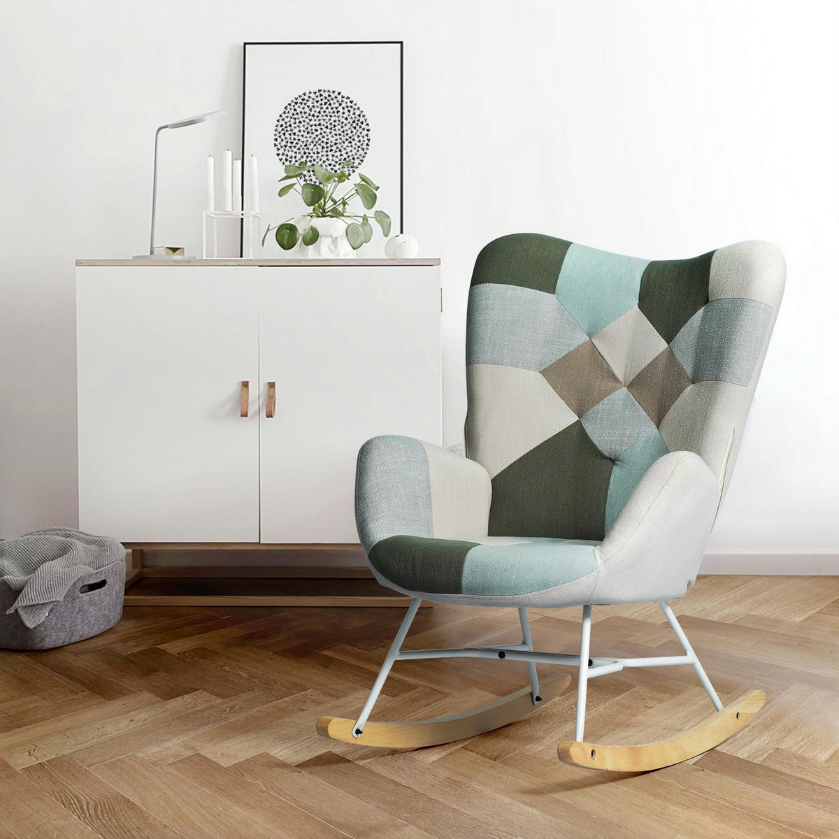 SCHAUKELSTUHL, Stoff Patchwork, Blau-Grau-Grün - Multicolor, Holz/Metall (53/98/85cm) - Meubles Cosy