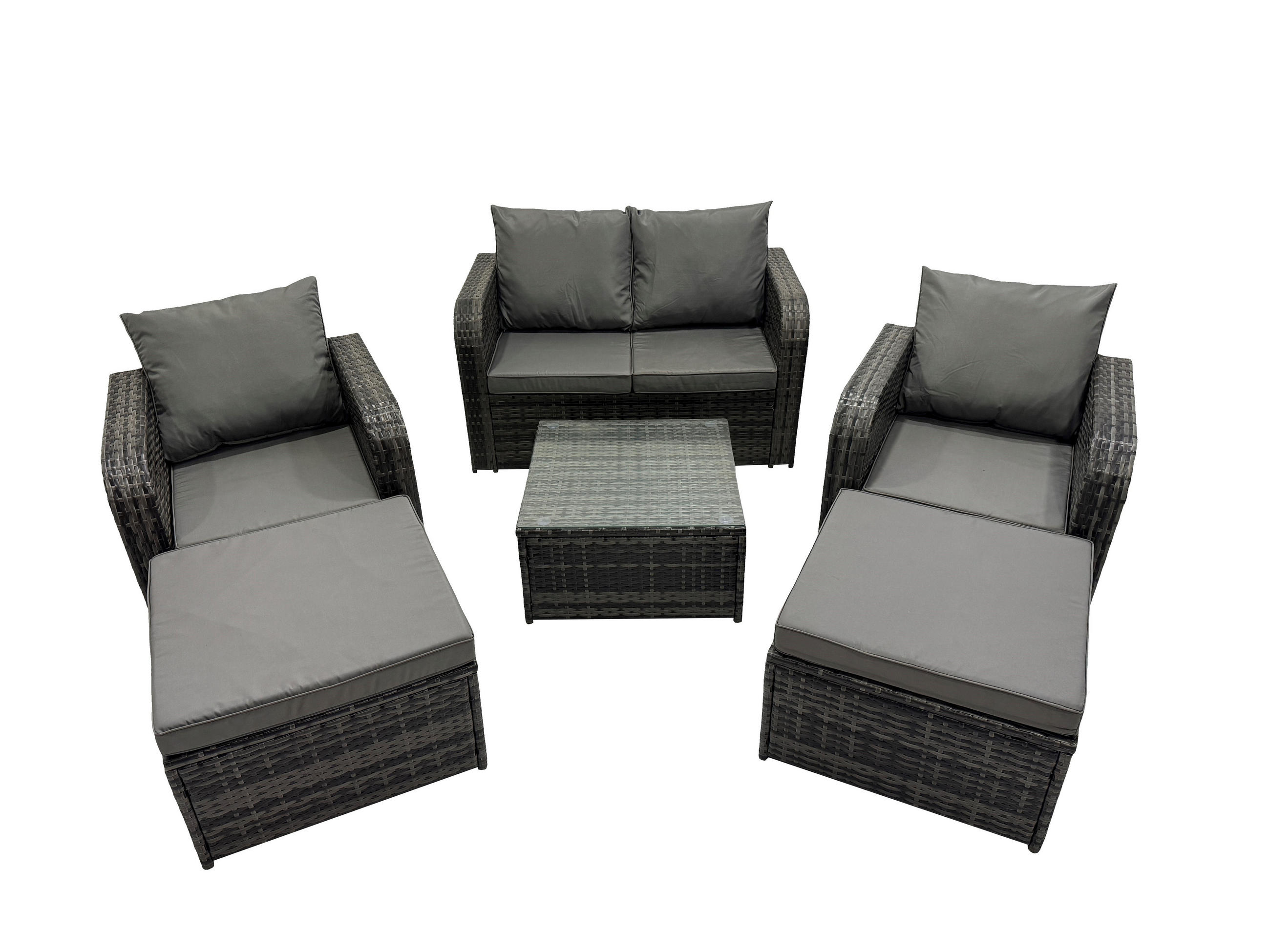 GARTENMÖBEL SET mit COUCHTISCH Polyrattan Dunkelgrau 6-Sitzer - Dunkelgrau/Grau, Glas/Kunststoff - Fimous