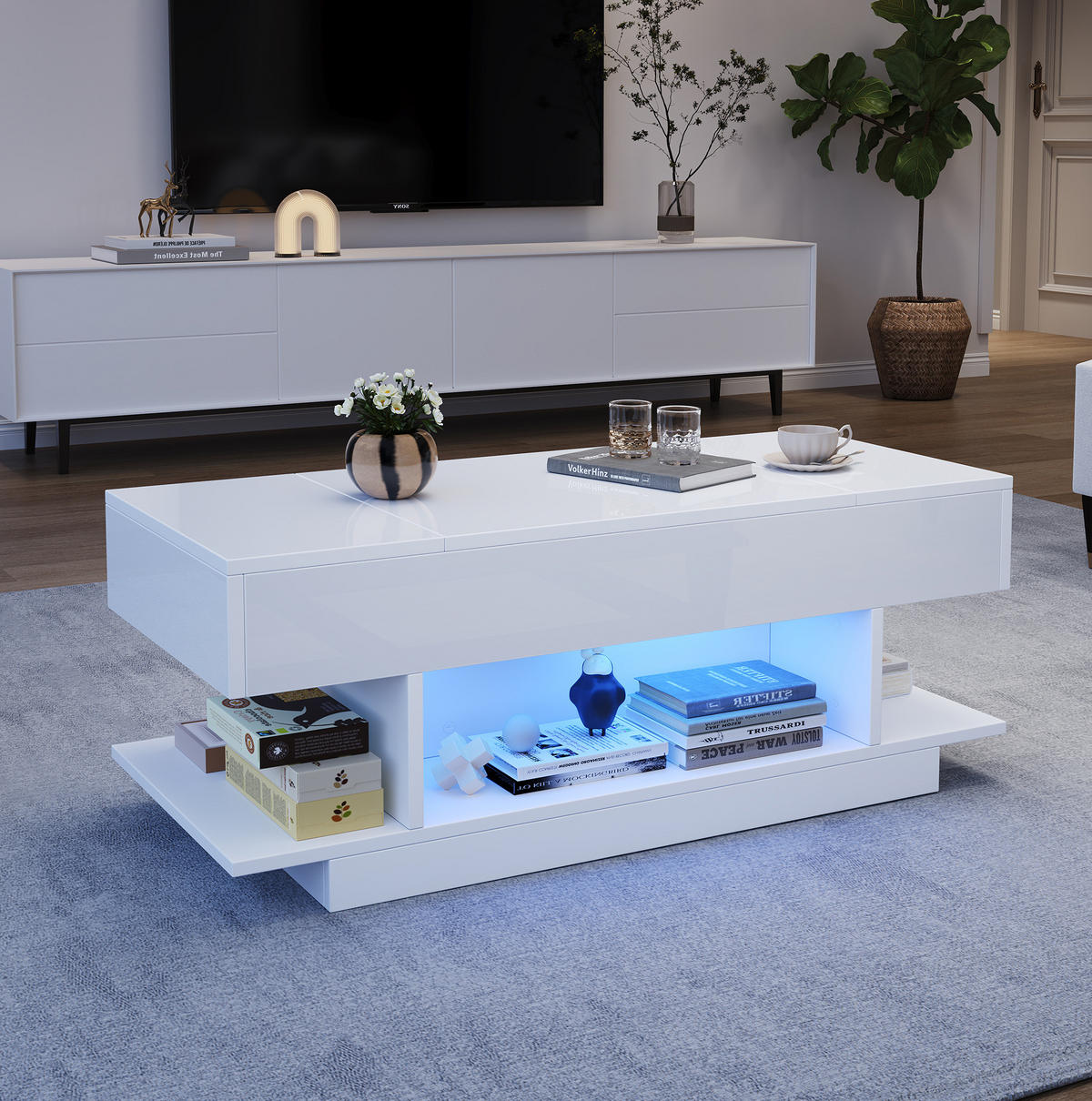 COUCHTISCH 98/45/40 cm weiß aus Spanplatte mit LED und höhenverstellbarer Tischplatte - Weiß, Holzwerkstoff (98/45/40cm) - OKMYHOME