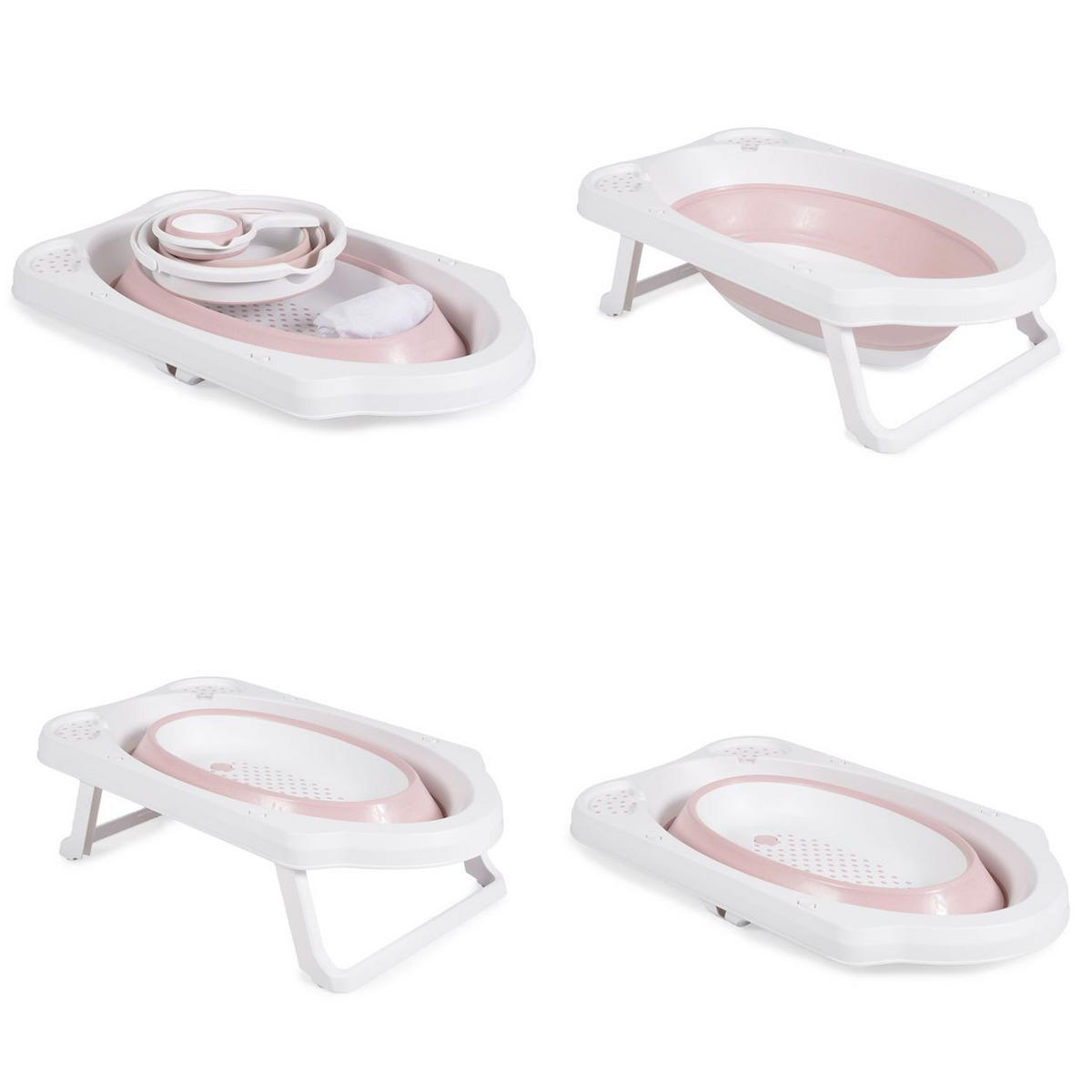 BABYBADEWANNE Set Hawai 4-teilig rosa faltbar, Wasserablauf, Ablagefächer, Netz, ab Geburt, rutschfeste Füße - Rosa, Kunststoff (48/80cm) - Cangaroo