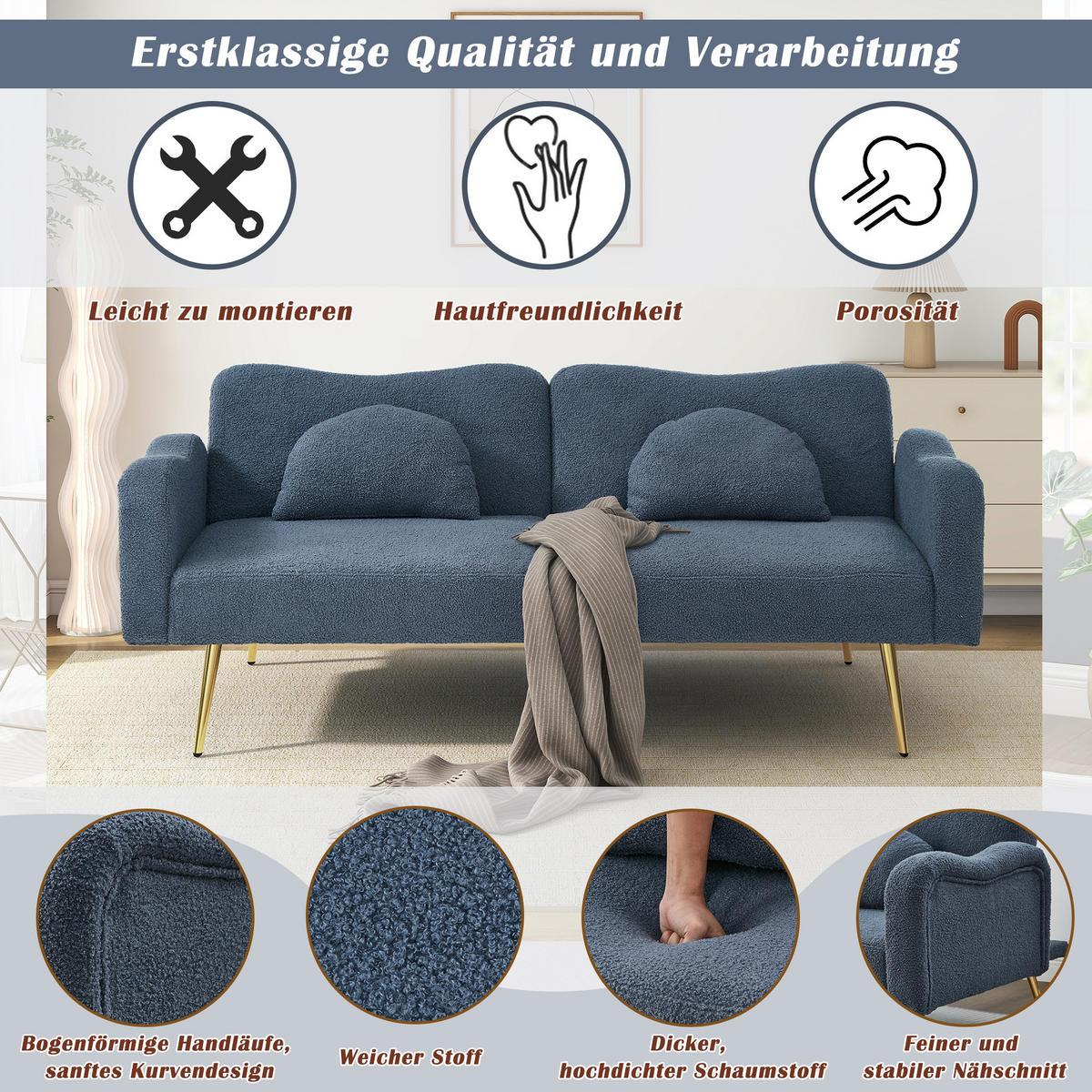 ZWEISITZER-SOFABETT Wollmischgewebe mit 3-fach verstellbarer Rückenlehne Blaugrau 175/79/82 cm - Blaugrau, Textil (79/82/175cm) - Redom