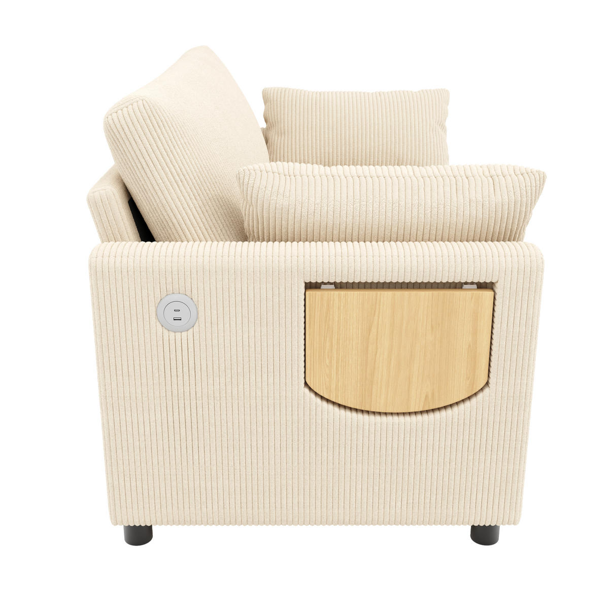 SCHLAFSOFA 134/82/84 cm Beige mit USB‑Ladeanschluss, klappbarem Seitentisch, Matratze, 2 Bettlaken und 2 Kissen - Beige, Textil (134/84/82cm) - Oxeza