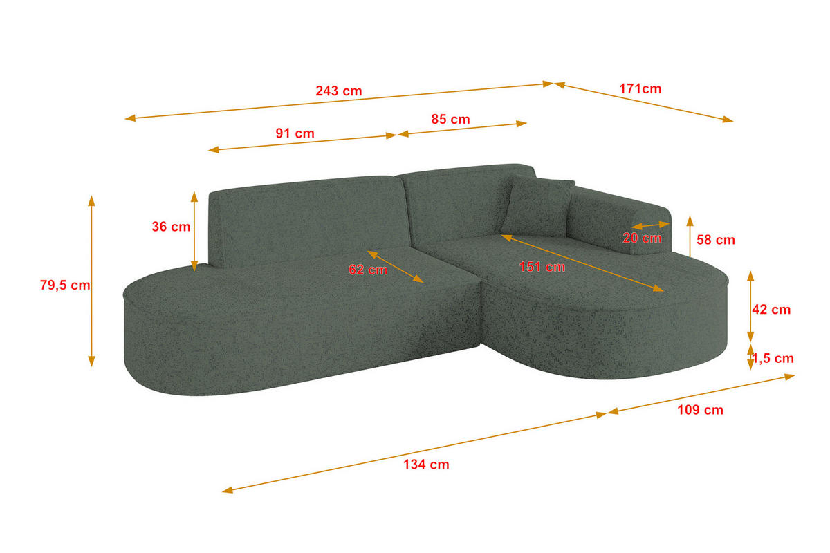 ECKSOFA Ottomane Rechts MARI-L1 - 243x171x79 cm Grün Tissu - Schwarz/Grün, Holzwerkstoff/Kunststoff (171/243cm) - ALTDECOR