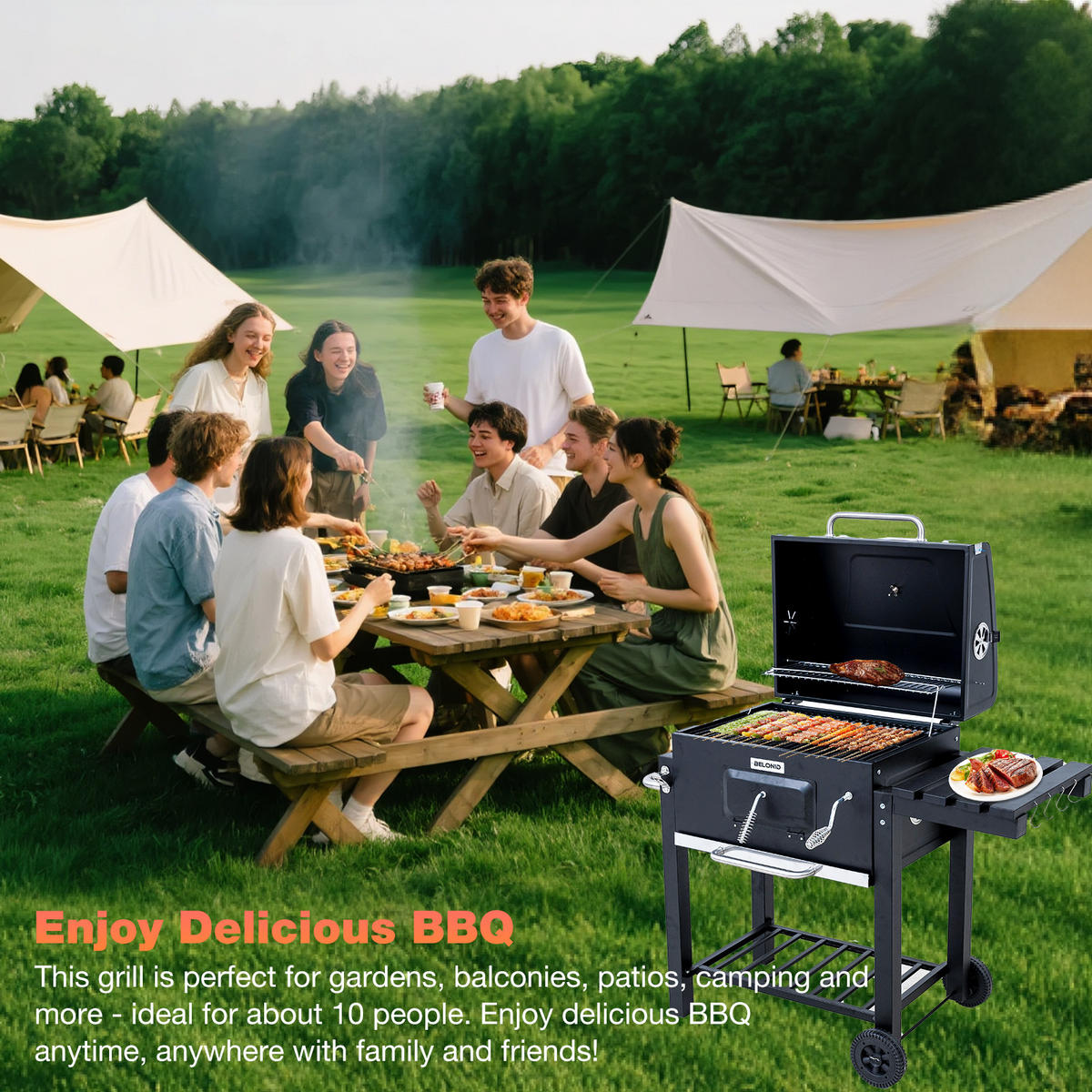 HOLZKOHLEGRILL mit Abdeckung - Schwarz, Metall (55/104/113cm) - BELONID