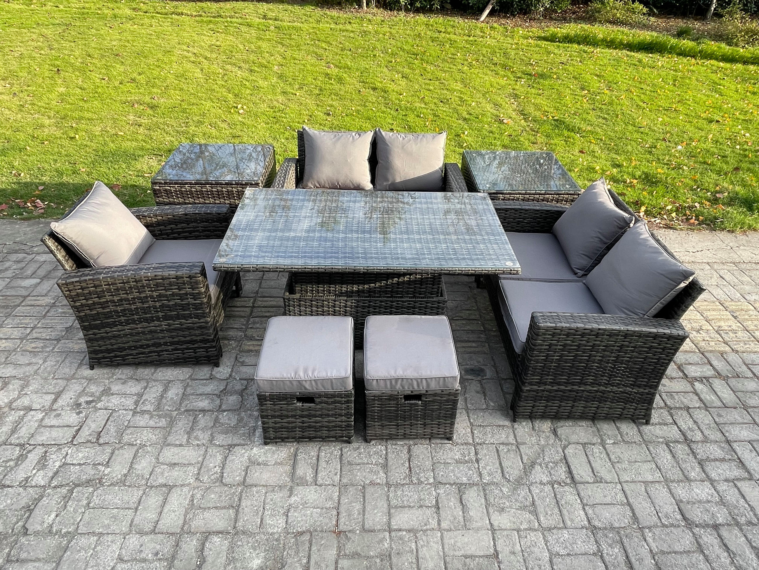 GARTENMÖBEL SET mit höhenverstellbarer Tisch Polyrattan Dunkelgrau 7-Sitzer - Dunkelgrau, Metall - Fimous