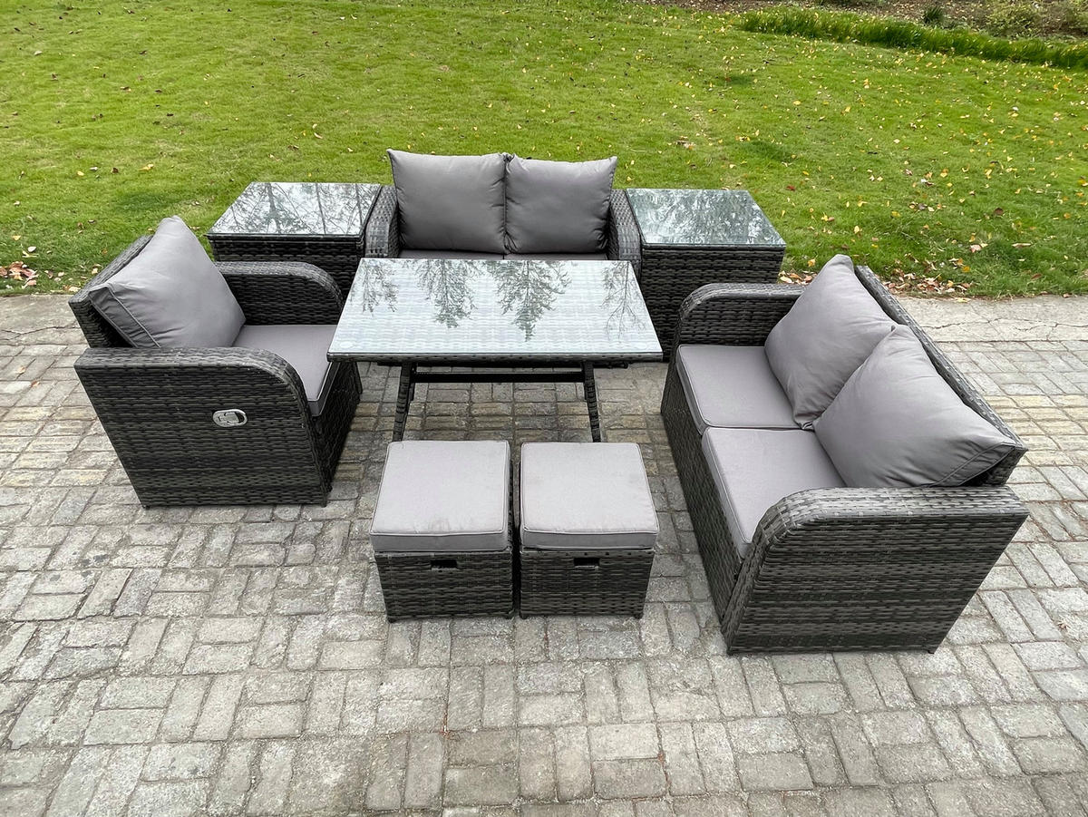 BALKONSET mit ESSTISCH SOFA Polyrattan Dunkelgrau 7-Sitzer - Dunkelgrau/Grau, Glas/Kunststoff - Fimous