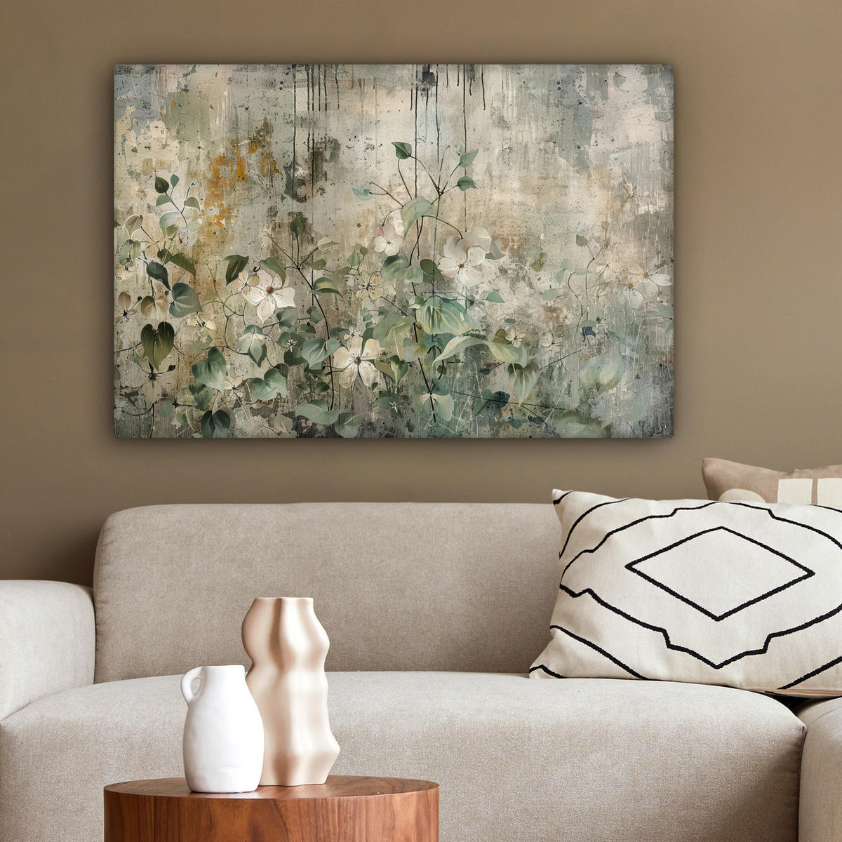 LEINWANDBILD - Blumen - Blätter - Abstrakt - Modern - 90x60 - Deko Wohnzimmer - Grau, Textil (90/60cm) - MuchoWow