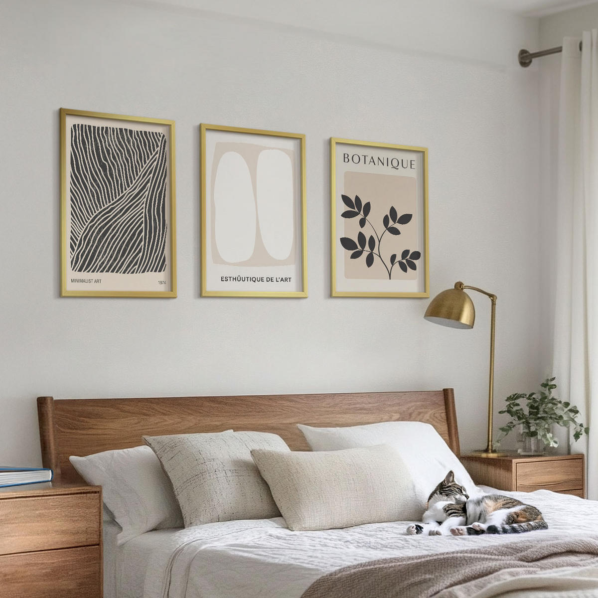 WANDBILDER 3er Set - 40x60 cm Goldrahmen - Pflanzenmuster und Linien - Goldfarben, Kunststoff (40/60cm) - ArtPrintCave