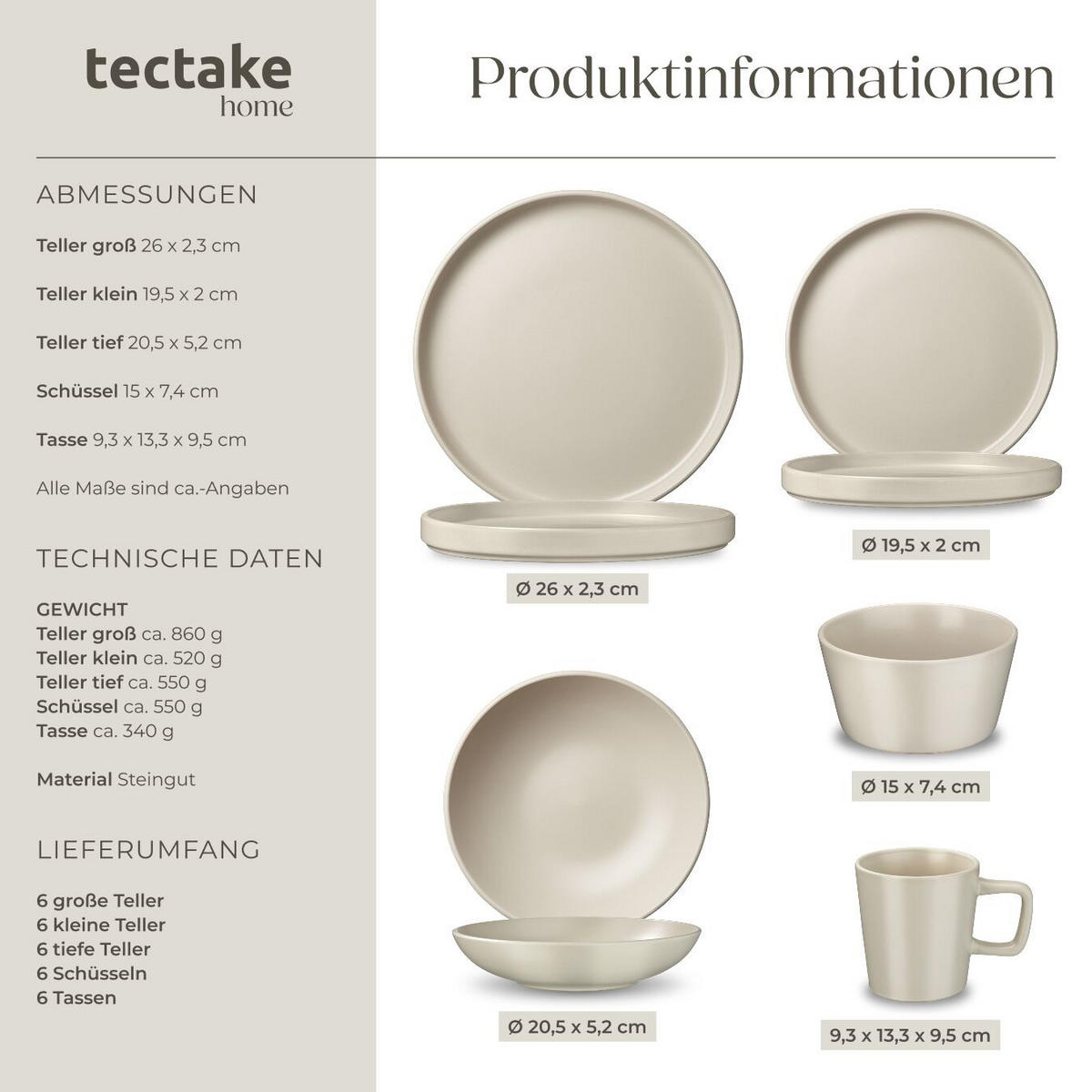 KOMBISERVICE Una, ineinander stapelbar, taupe - Taupe, Keramik (26/2.3/26cm) - tectake