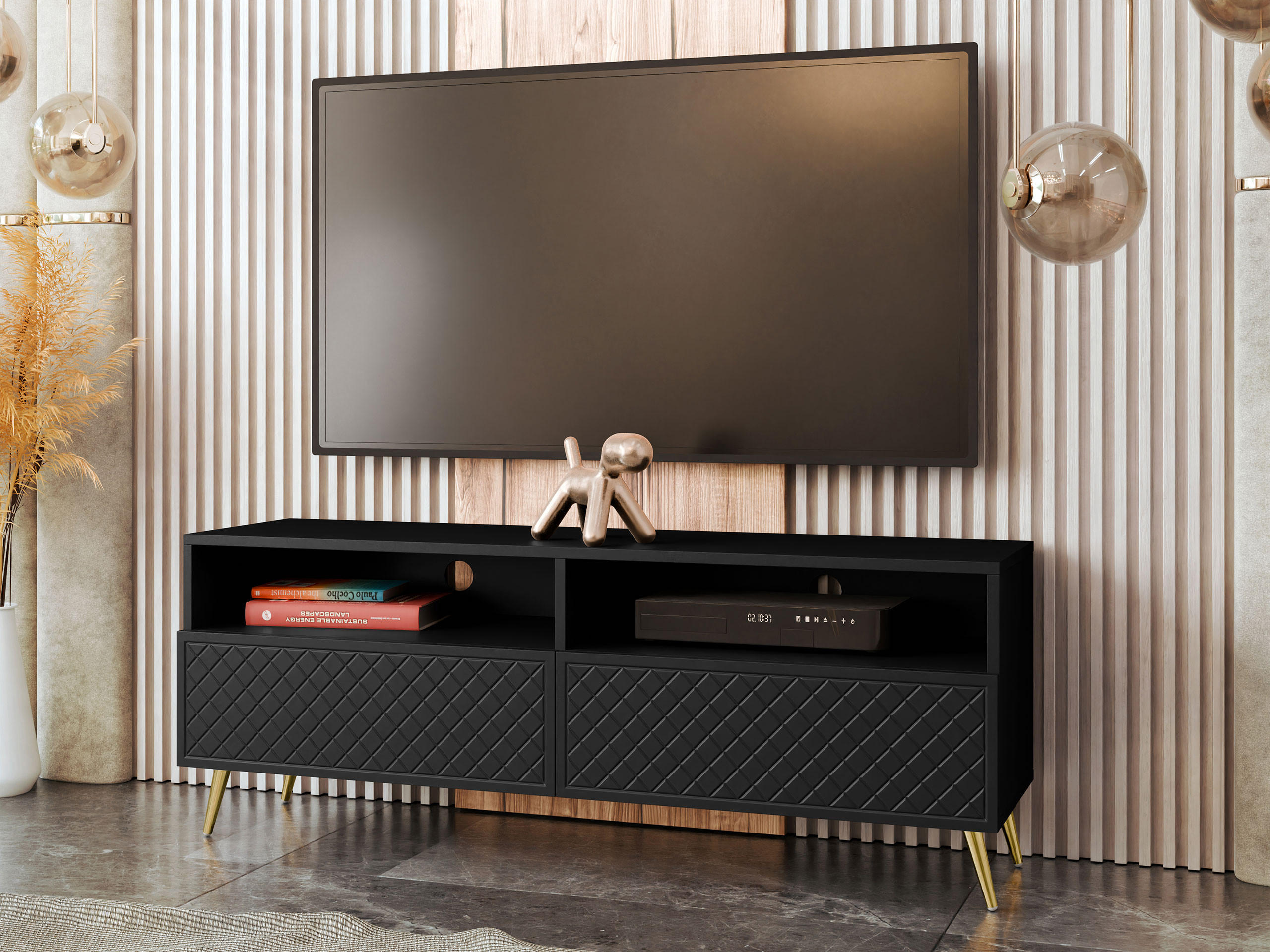 TV-ELEMENT Temerra 2K - Goldfarben/Schwarz, Holzwerkstoff/Metall (150/57/42cm) - MIRJAN24