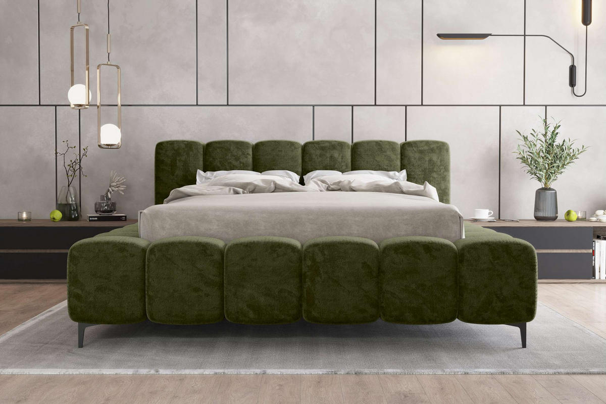 POLSTERBETT COZY Chenille Olivgrün 160/200 cm - Schwarz/Olivgrün, Textil/Metall (160/200cm) - 99rooms