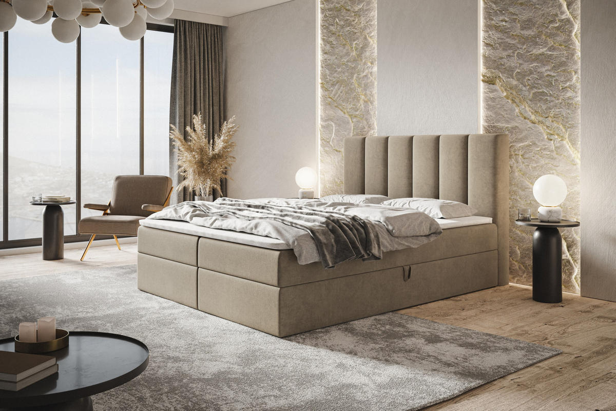 BOXBETT TOKIO mit 2 Bettkästen, 180x200, Farbe: Sand, Velourstoff, Doppelbett mit Bonell-Matratze - Sahara, Holz/Kunststoff (180/200cm) - Alpi-Möbel