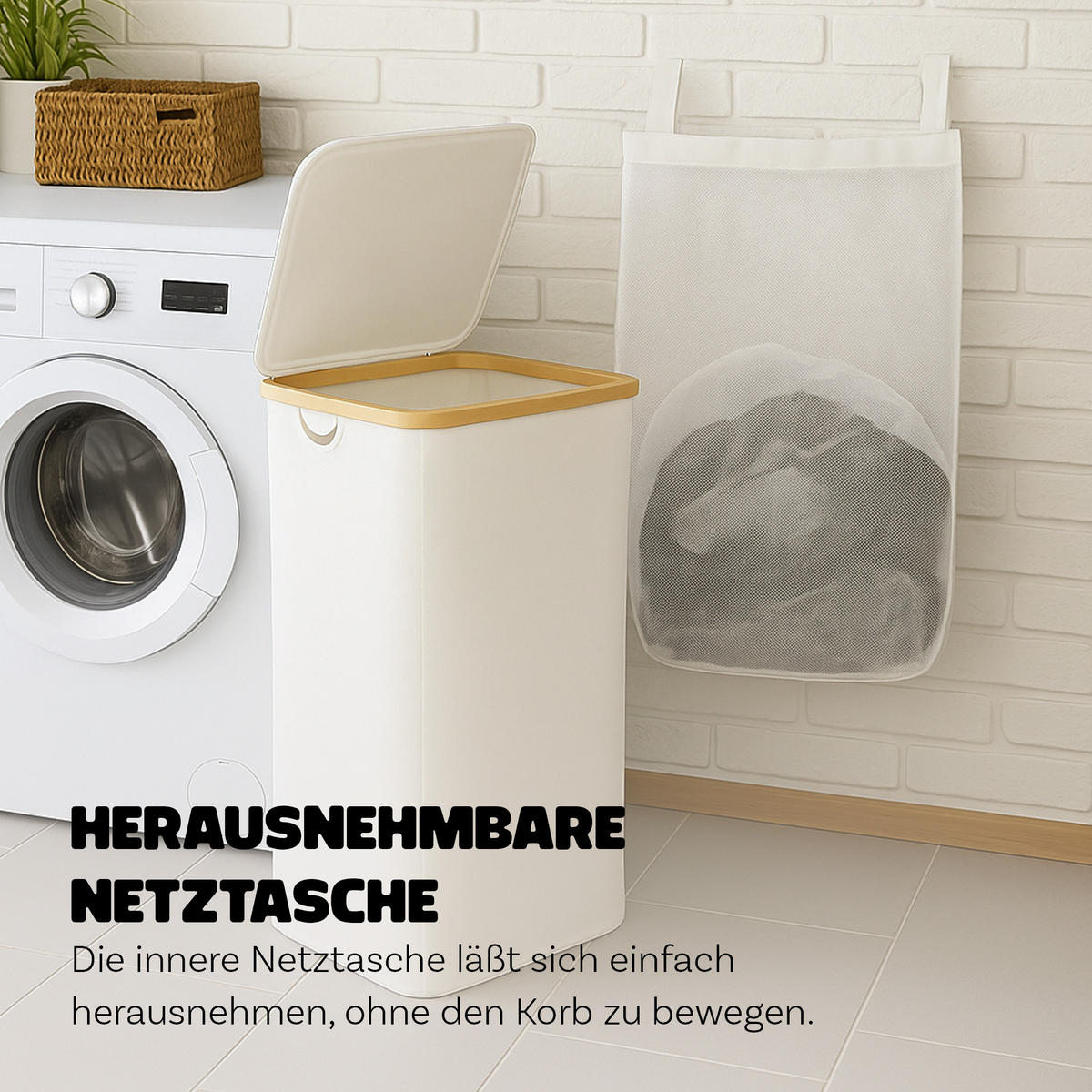 WÄSCHEKORB mit herausnehmbarer Tasche - 41x37x71cm - Weiß - Weiß, Textil (41/71/34cm) - Bestlivings
