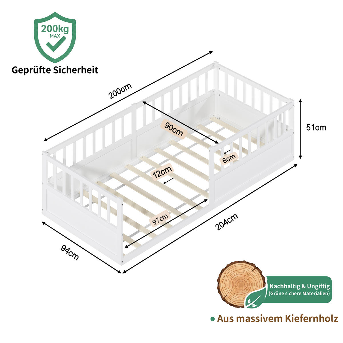 KINDERBETT 90/200 cm in Weiß aus Kiefer mit Rausfallschutz - Weiß, Holzwerkstoff/Metall (90/200cm) - WISHDOR